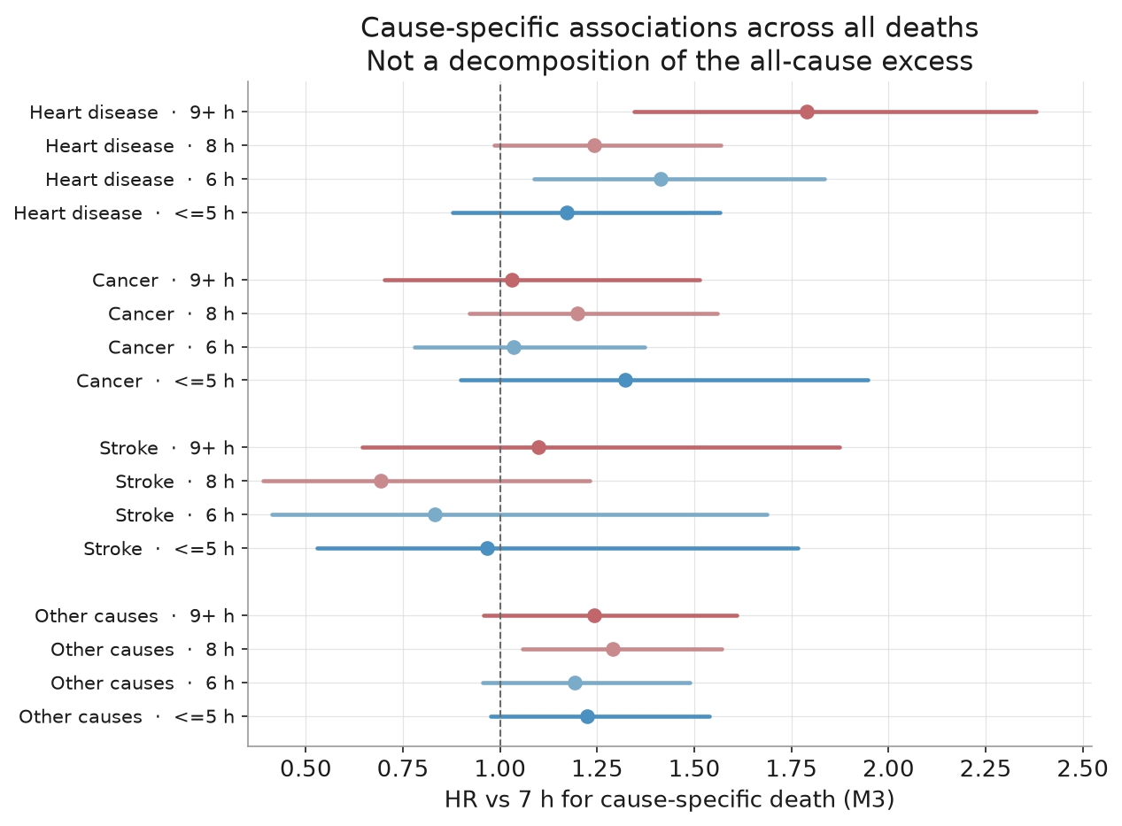 Category-specific hazard ratios for four cause groups; wide intervals do not establish absence of association