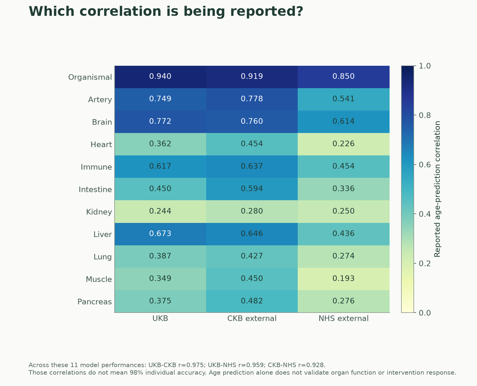 Actual chronological-age prediction correlations for each model in three populations